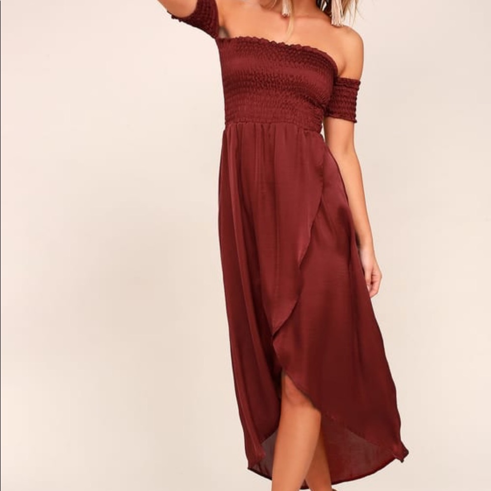 Lulus Red Dress Hi Lo Wrap Off the Shoulder